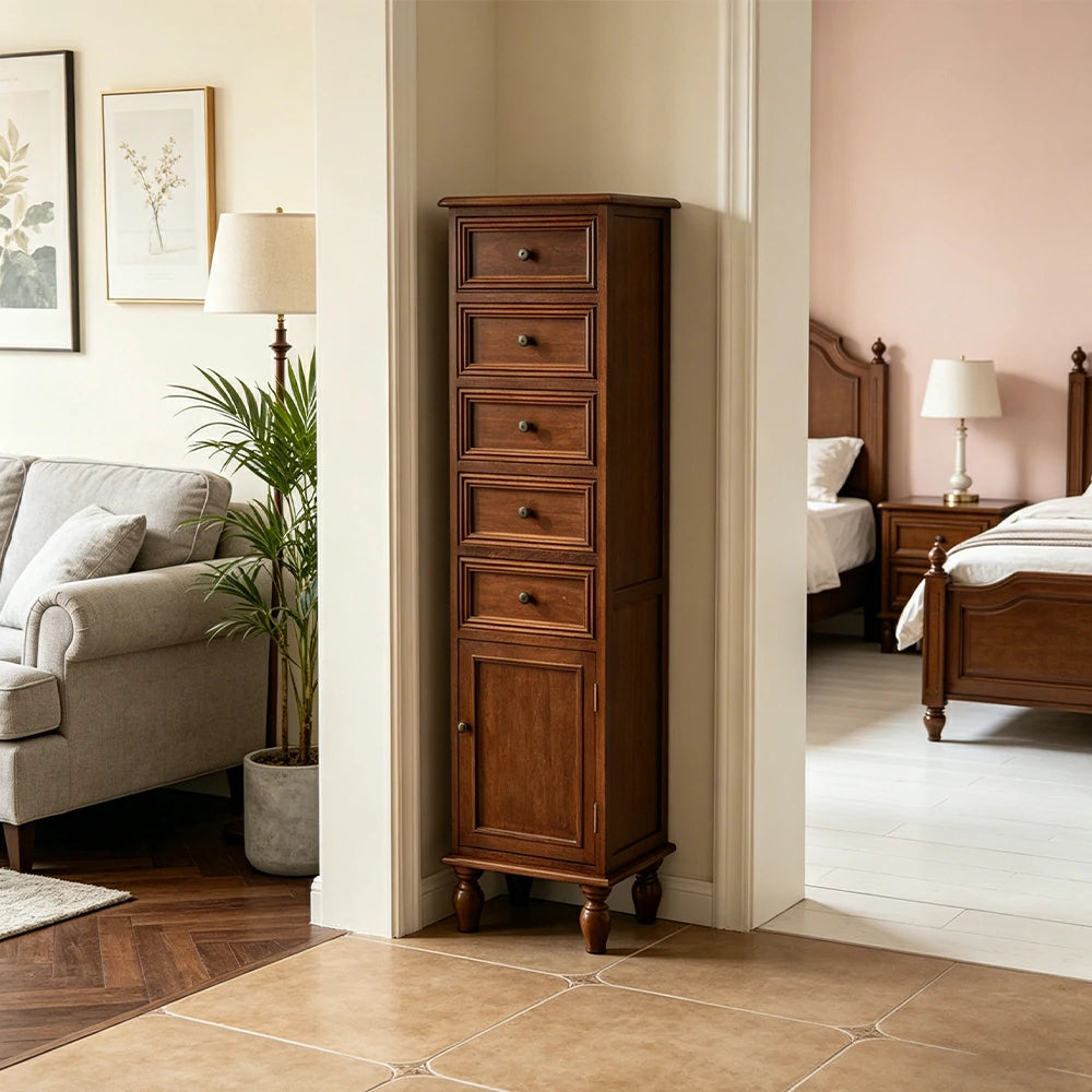 LIVARA Slim Storage Cabinet Solid Wood Space Saving 6 Layer Organizer for Entryway Living Room & Bedroom - Walnut