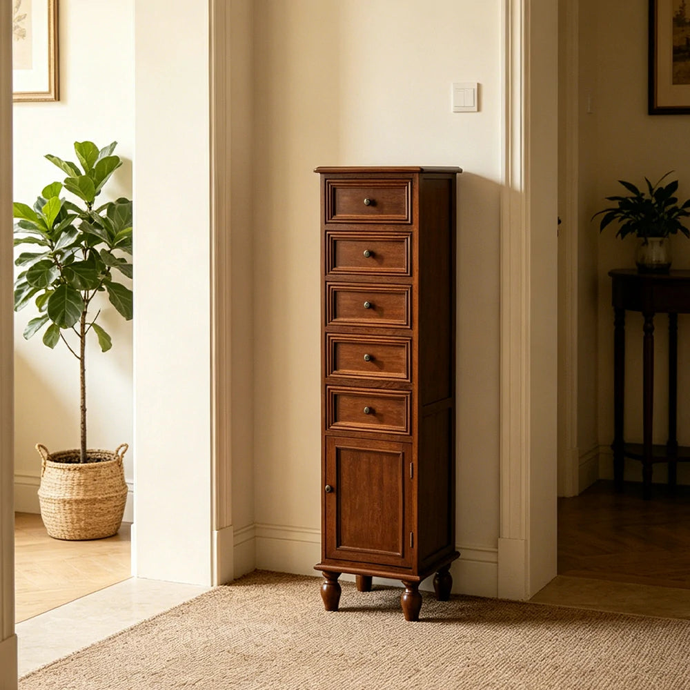 LIVARA Slim Storage Cabinet Solid Wood Space Saving 6 Layer Organizer for Entryway Living Room & Bedroom - Walnut