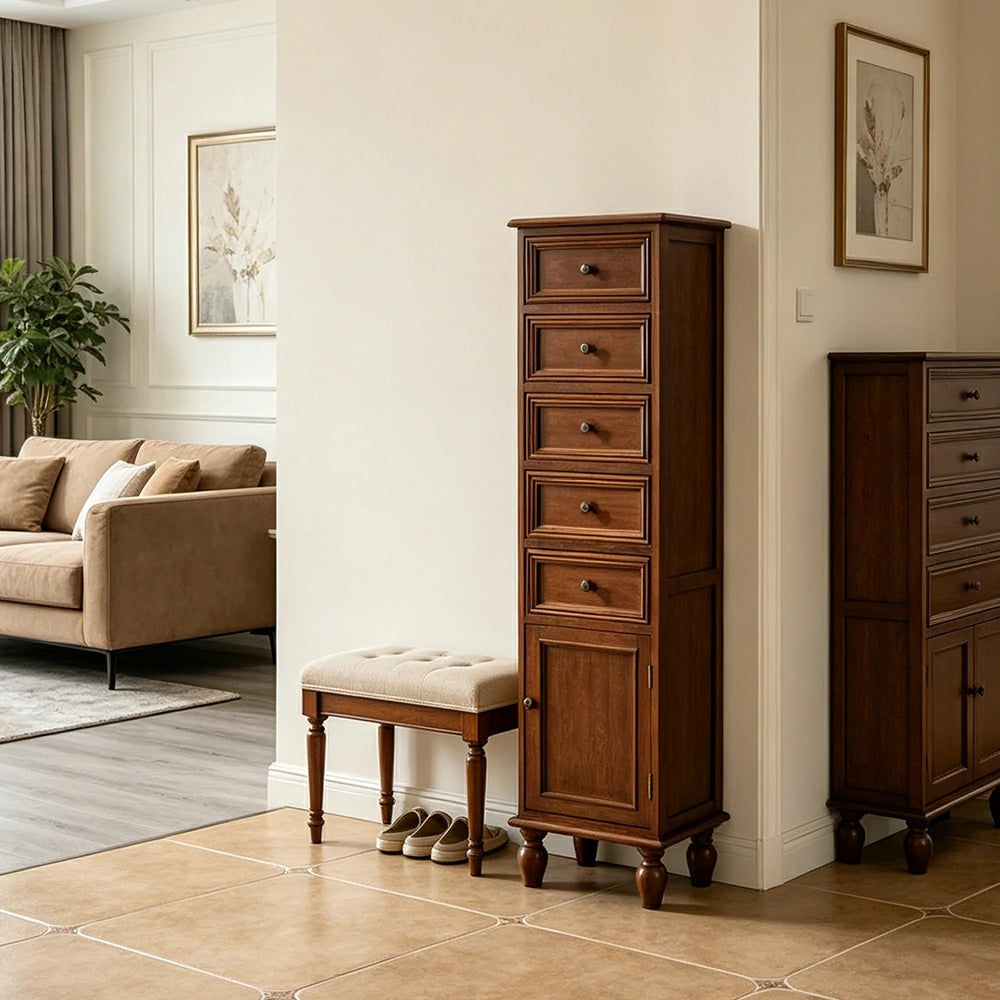 LIVARA Slim Storage Cabinet Solid Wood Space Saving 6 Layer Organizer for Entryway Living Room & Bedroom - Walnut