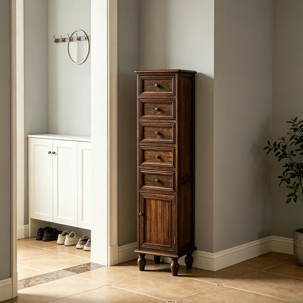 LIVARA Slim Storage Cabinet Solid Wood Space Saving 6 Layer Organizer for Entryway Living Room & Bedroom - Coffee