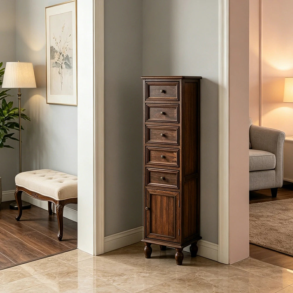 LIVARA Slim Storage Cabinet Solid Wood Space Saving 6 Layer Organizer for Entryway Living Room & Bedroom - Coffee