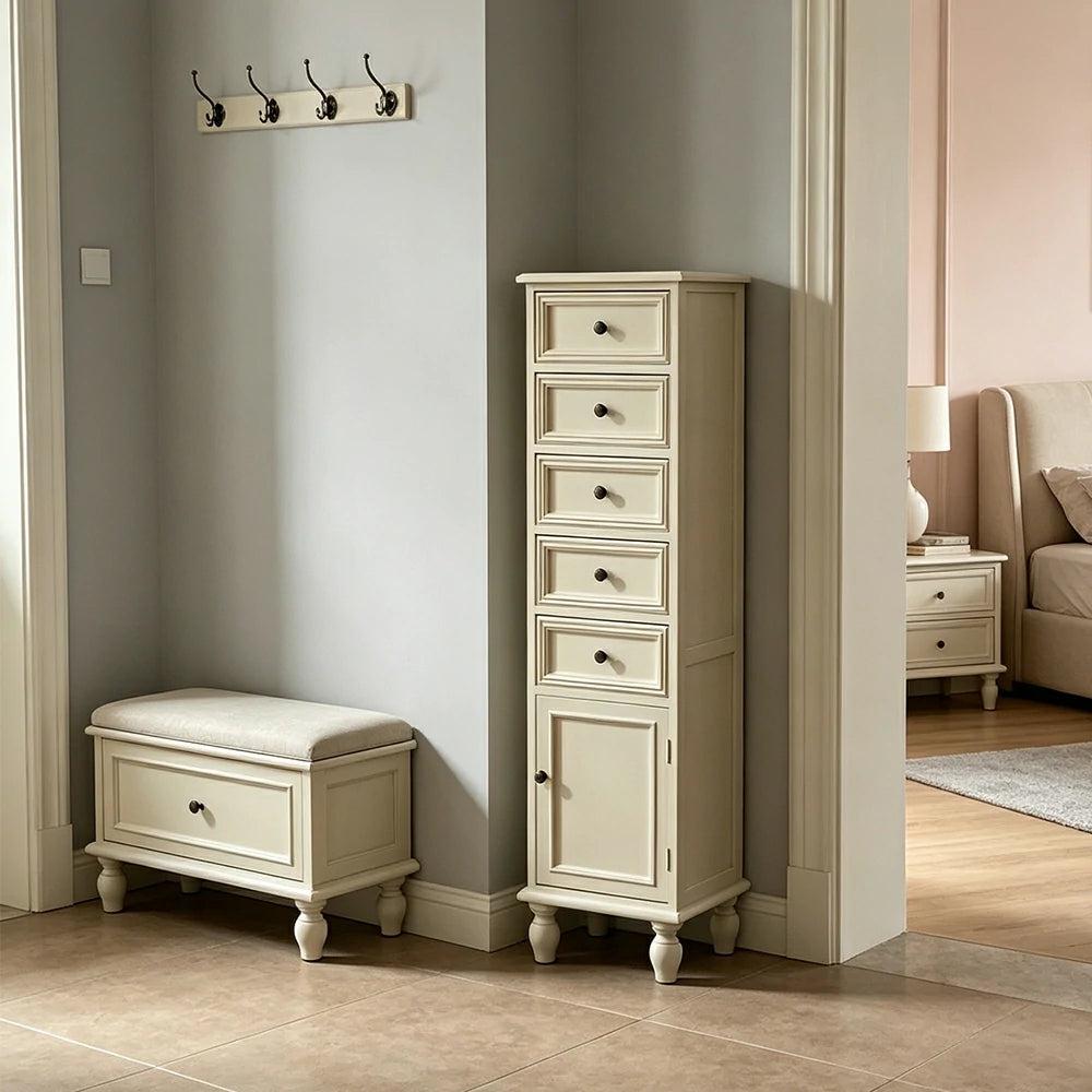 LIVARA Slim Storage Cabinet Solid Wood Space Saving 6 Layer Organizer for Entryway Living Room & Bedroom - White