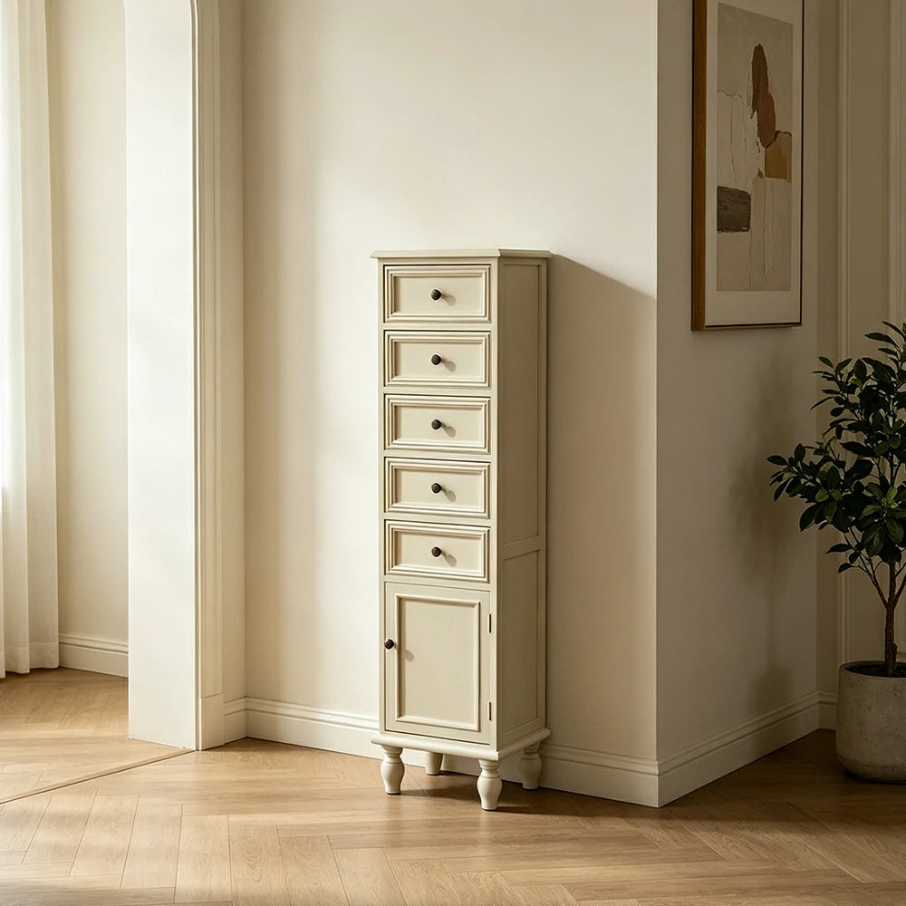 LIVARA Slim Storage Cabinet Solid Wood Space Saving 6 Layer Organizer for Entryway Living Room & Bedroom - White