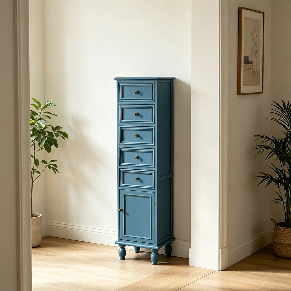 LIVARA Slim Storage Cabinet Solid Wood Space Saving 6 Layer Organizer for Entryway Living Room & Bedroom - Blue