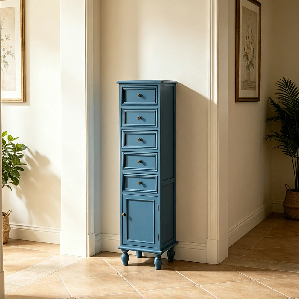 LIVARA Slim Storage Cabinet Solid Wood Space Saving 6 Layer Organizer for Entryway Living Room & Bedroom - Blue