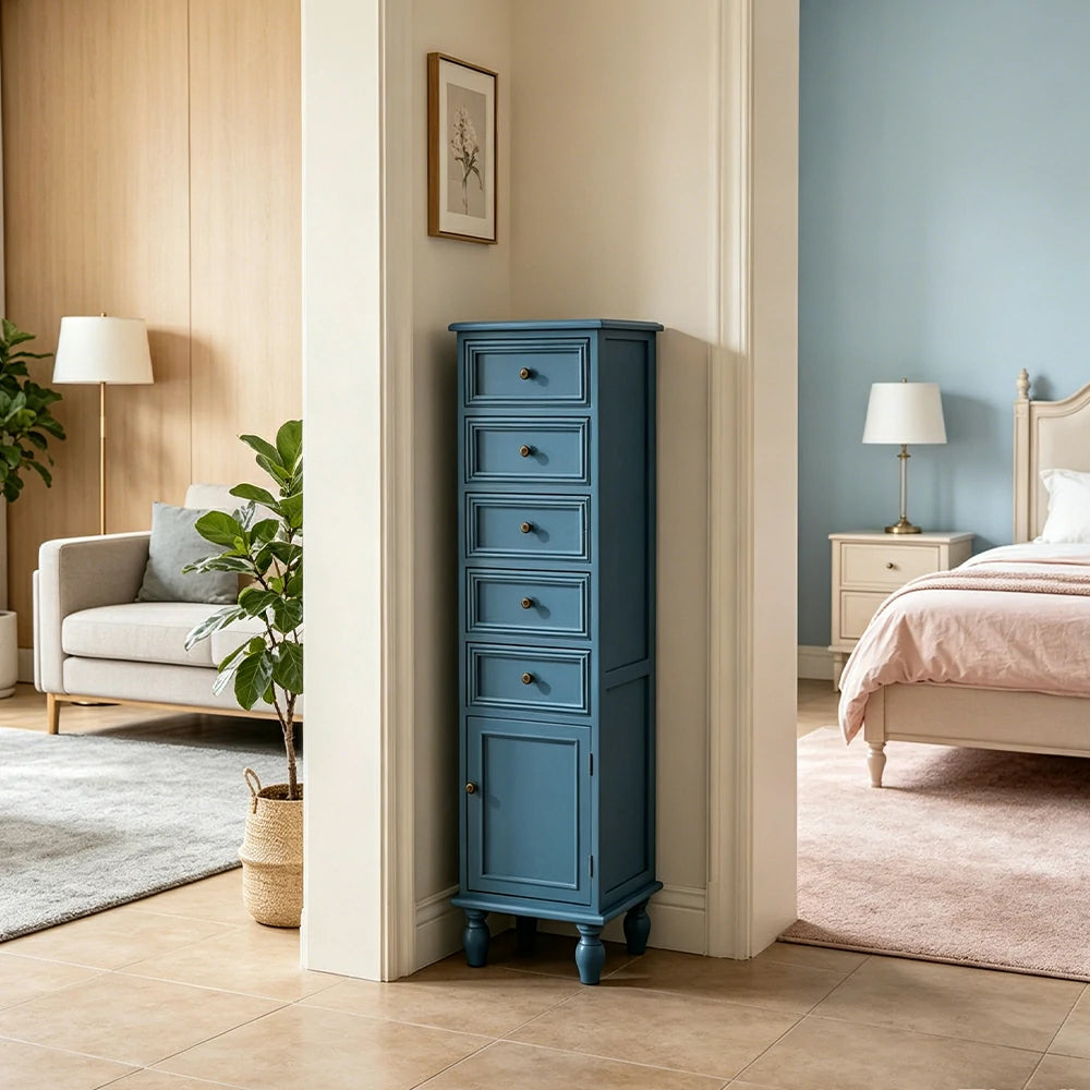 LIVARA Slim Storage Cabinet Solid Wood Space Saving 6 Layer Organizer for Entryway Living Room & Bedroom - Blue