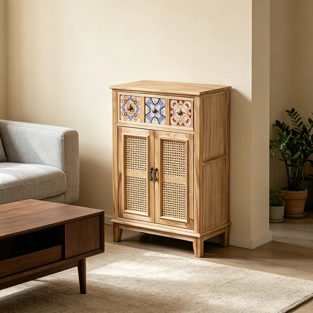 LIVARA Rattan Storage Cabinet Solid Wood Handwoven Design for Living Room Bedroom & Entryway - Wood