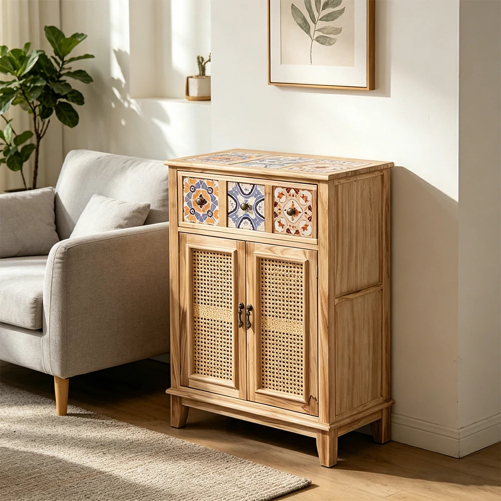 LIVARA Rattan Storage Cabinet Solid Wood Handwoven Design for Living Room Bedroom & Entryway - Wood