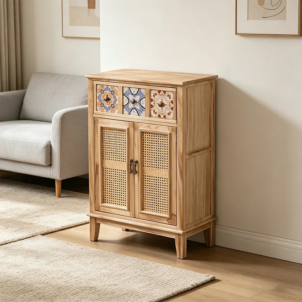 LIVARA Rattan Storage Cabinet Solid Wood Handwoven Design for Living Room Bedroom & Entryway - Wood