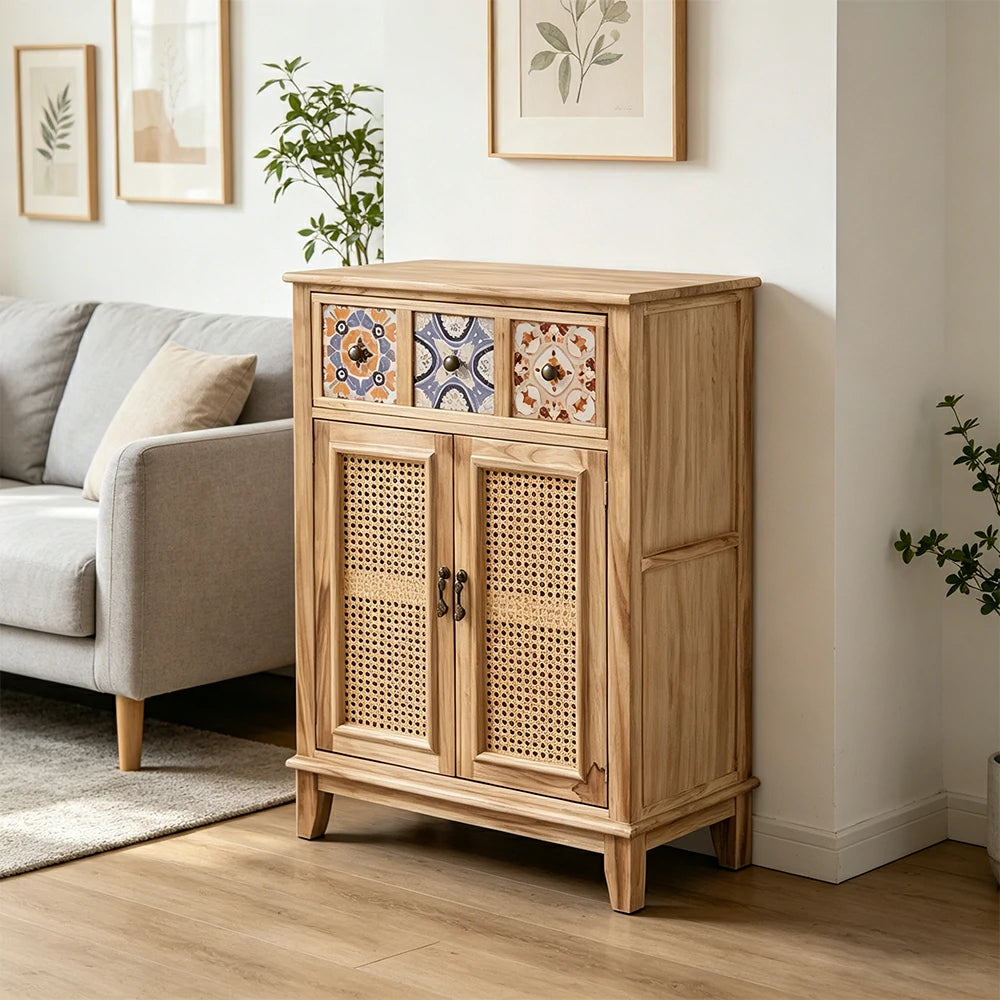 LIVARA Rattan Storage Cabinet Solid Wood Handwoven Design for Living Room Bedroom & Entryway - Wood