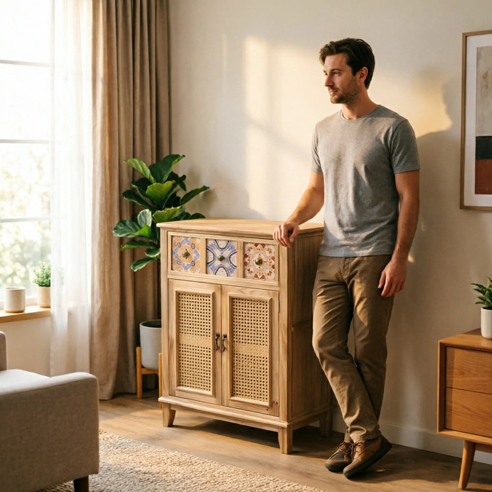 LIVARA Rattan Storage Cabinet Solid Wood Handwoven Design for Living Room Bedroom & Entryway - Wood
