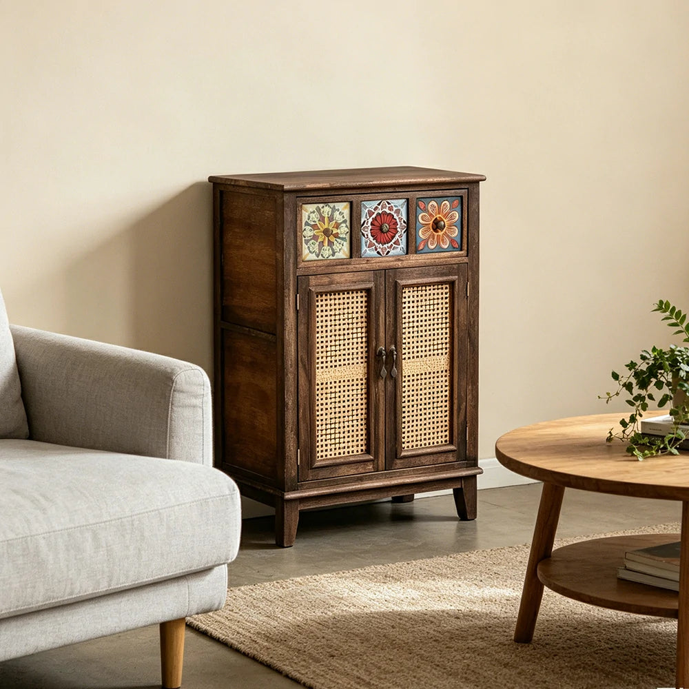 LIVARA Rattan Storage Cabinet Solid Wood Handwoven Design for Living Room Bedroom & Entryway - Walnut