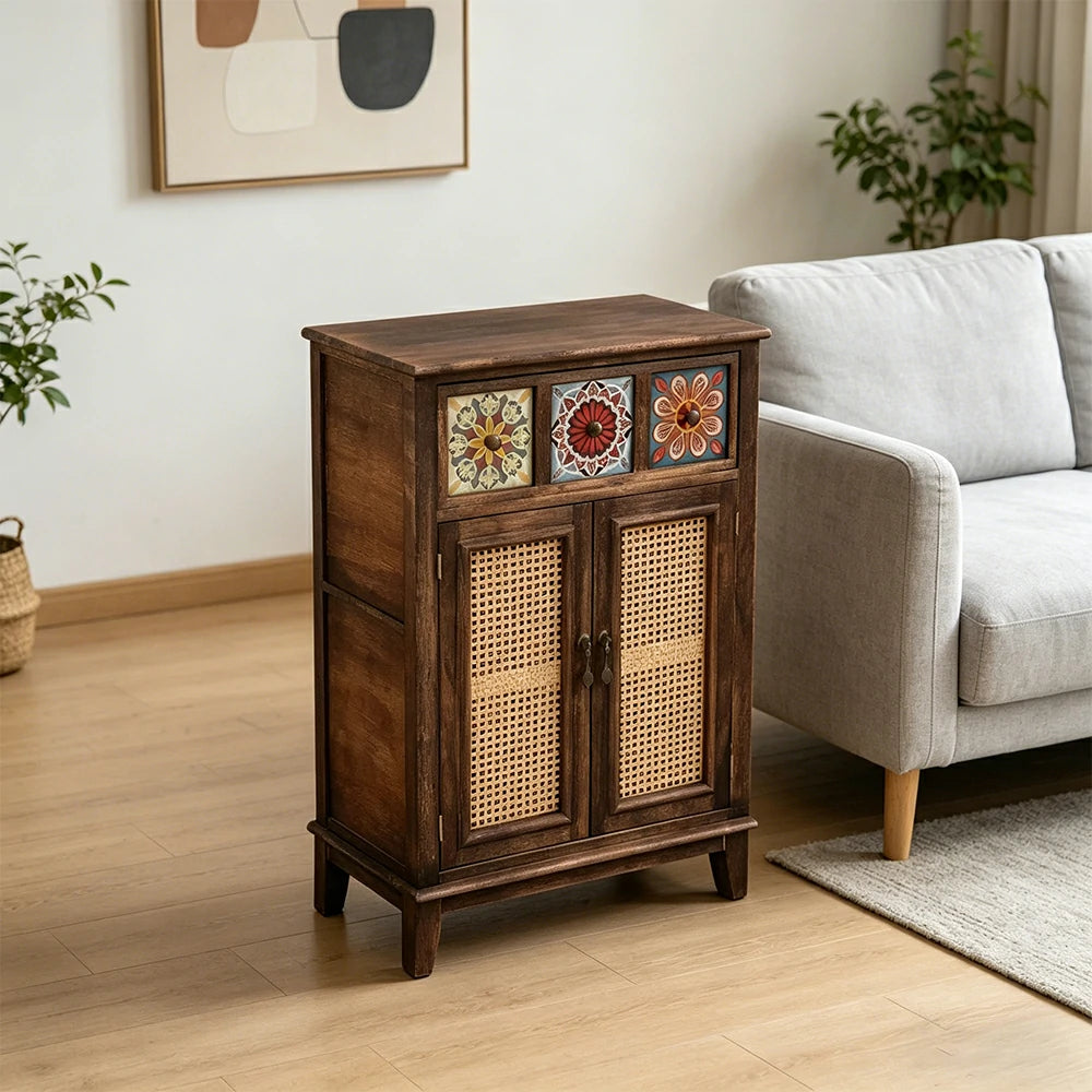LIVARA Rattan Storage Cabinet Solid Wood Handwoven Design for Living Room Bedroom & Entryway - Walnut