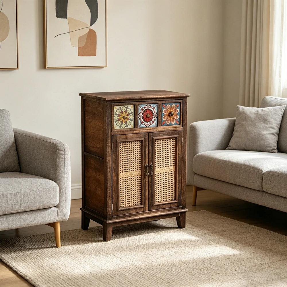 LIVARA Rattan Storage Cabinet Solid Wood Handwoven Design for Living Room Bedroom & Entryway - Walnut