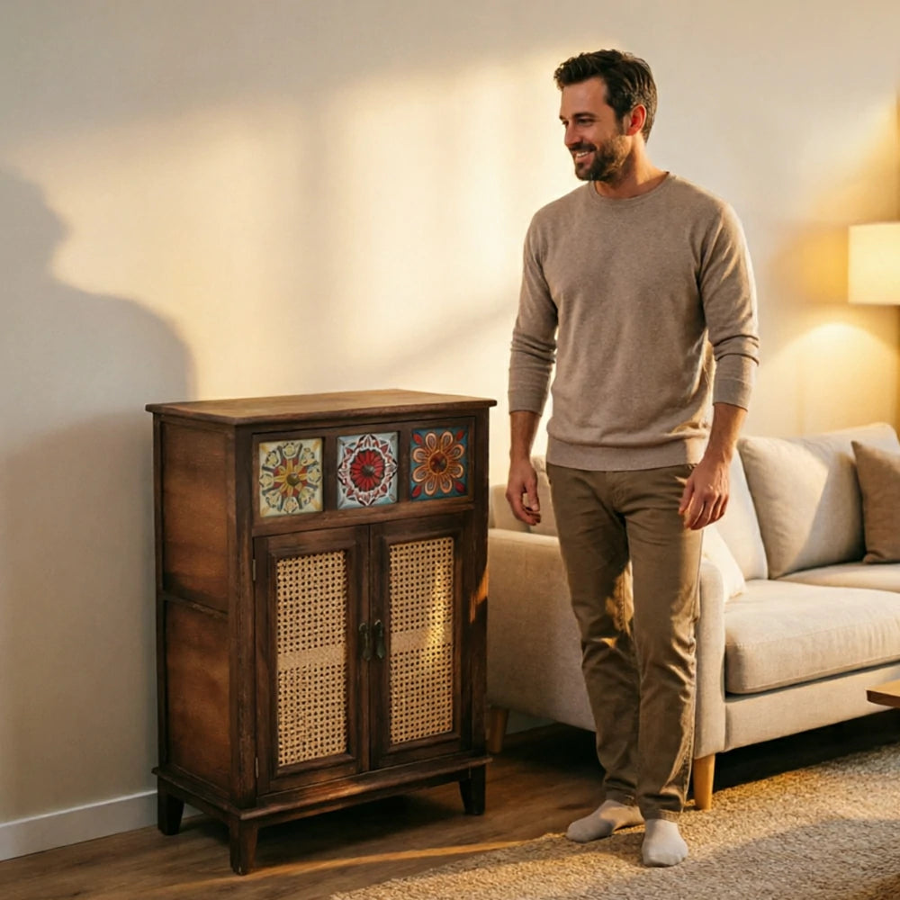 LIVARA Rattan Storage Cabinet Solid Wood Handwoven Design for Living Room Bedroom & Entryway - Walnut