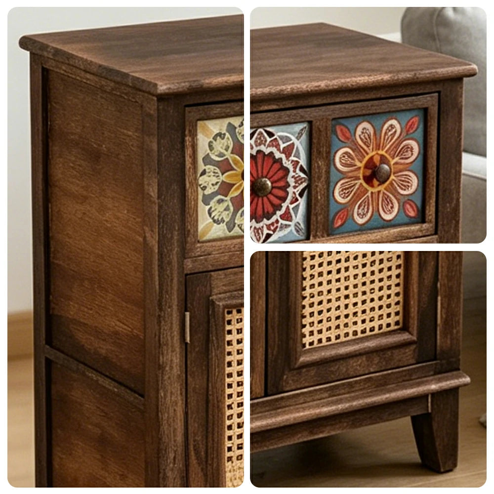 LIVARA Rattan Storage Cabinet Solid Wood Handwoven Design for Living Room Bedroom & Entryway - Walnut