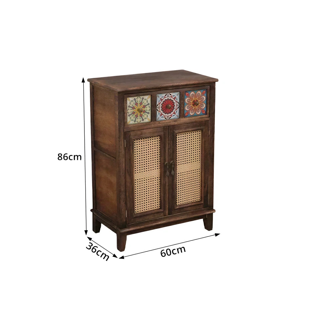 LIVARA Rattan Storage Cabinet Solid Wood Handwoven Design for Living Room Bedroom & Entryway - Walnut