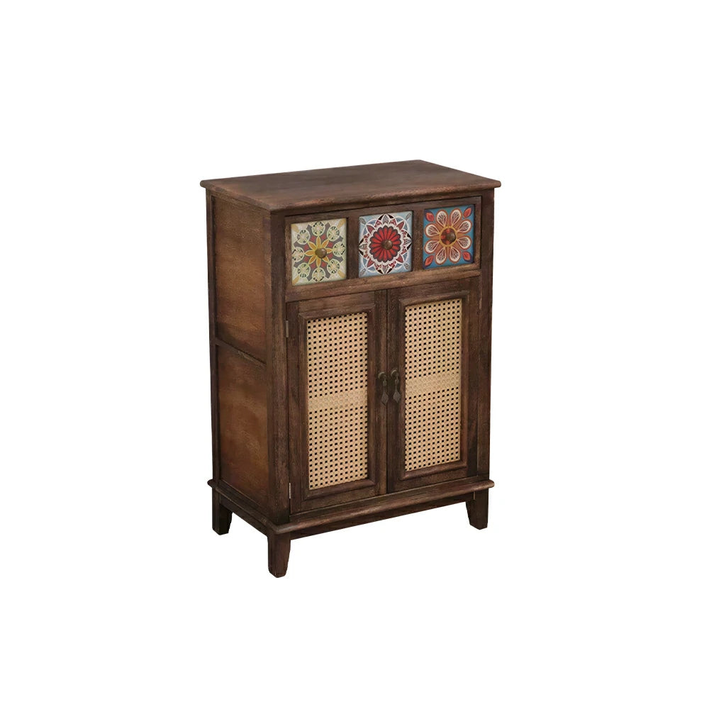 LIVARA Rattan Storage Cabinet Solid Wood Handwoven Design for Living Room Bedroom & Entryway - Walnut