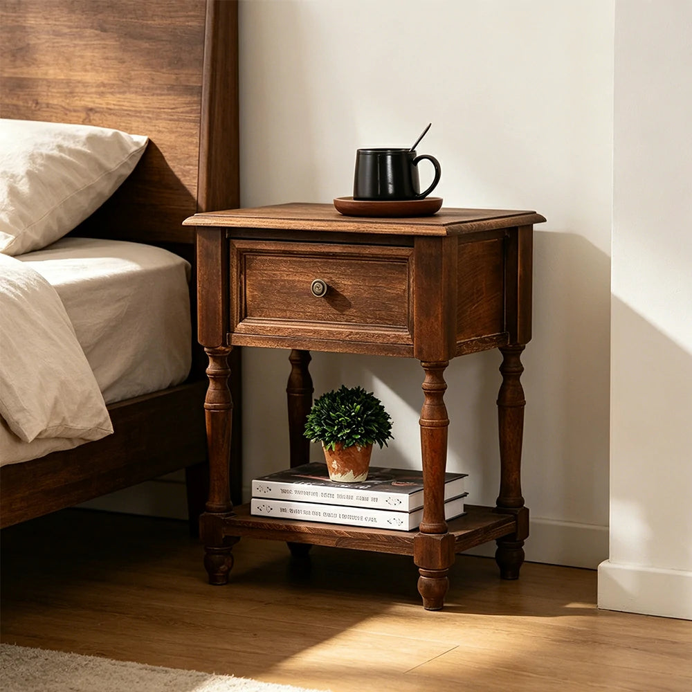 LIVARA Solid Wood Bedside Table Compact Drawer Storage for Bedroom Sofa Side & Small Spaces - Brown