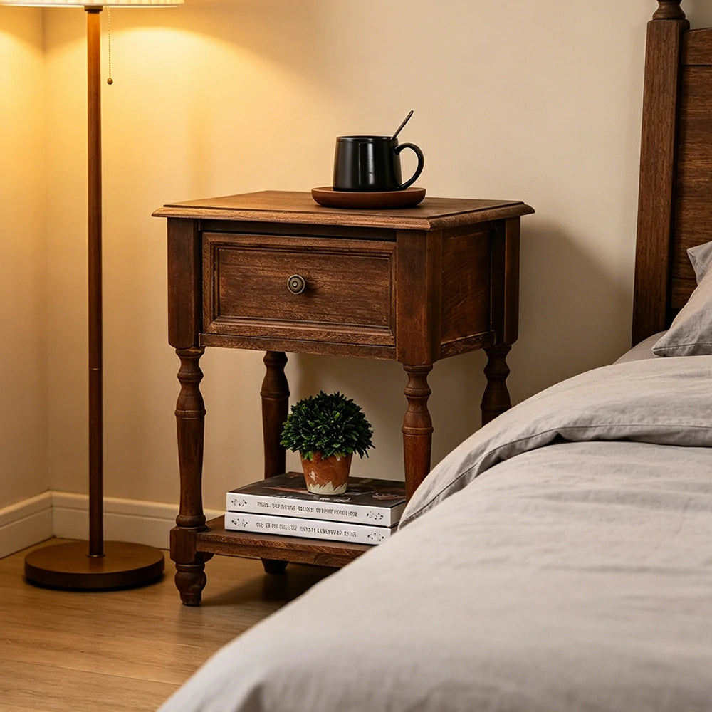 LIVARA Solid Wood Bedside Table Compact Drawer Storage for Bedroom Sofa Side & Small Spaces - Brown