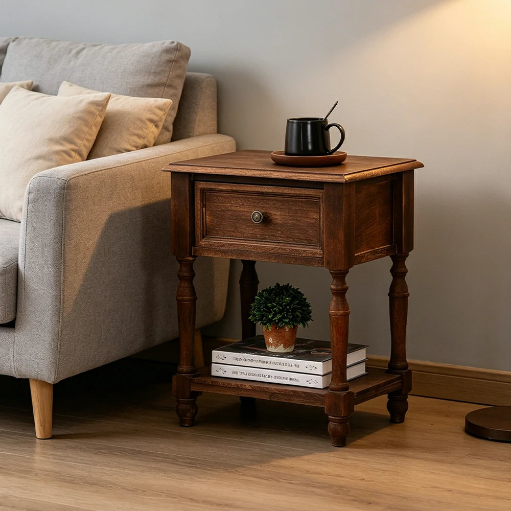 LIVARA Solid Wood Bedside Table Compact Drawer Storage for Bedroom Sofa Side & Small Spaces - Brown