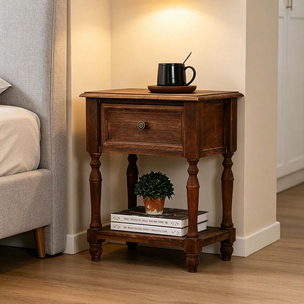 LIVARA Solid Wood Bedside Table Compact Drawer Storage for Bedroom Sofa Side & Small Spaces - Brown
