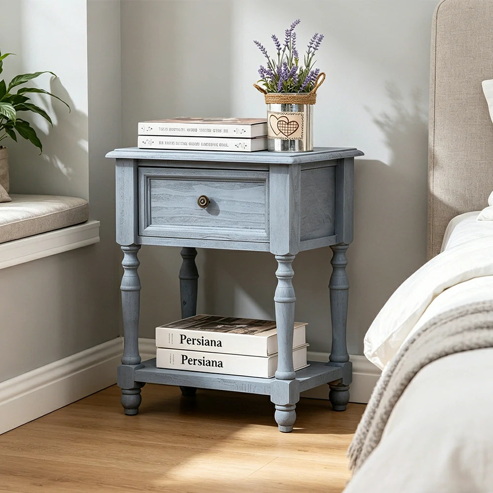 LIVARA Solid Wood Bedside Table Compact Drawer Storage for Bedroom Sofa Side & Small Spaces - Blue