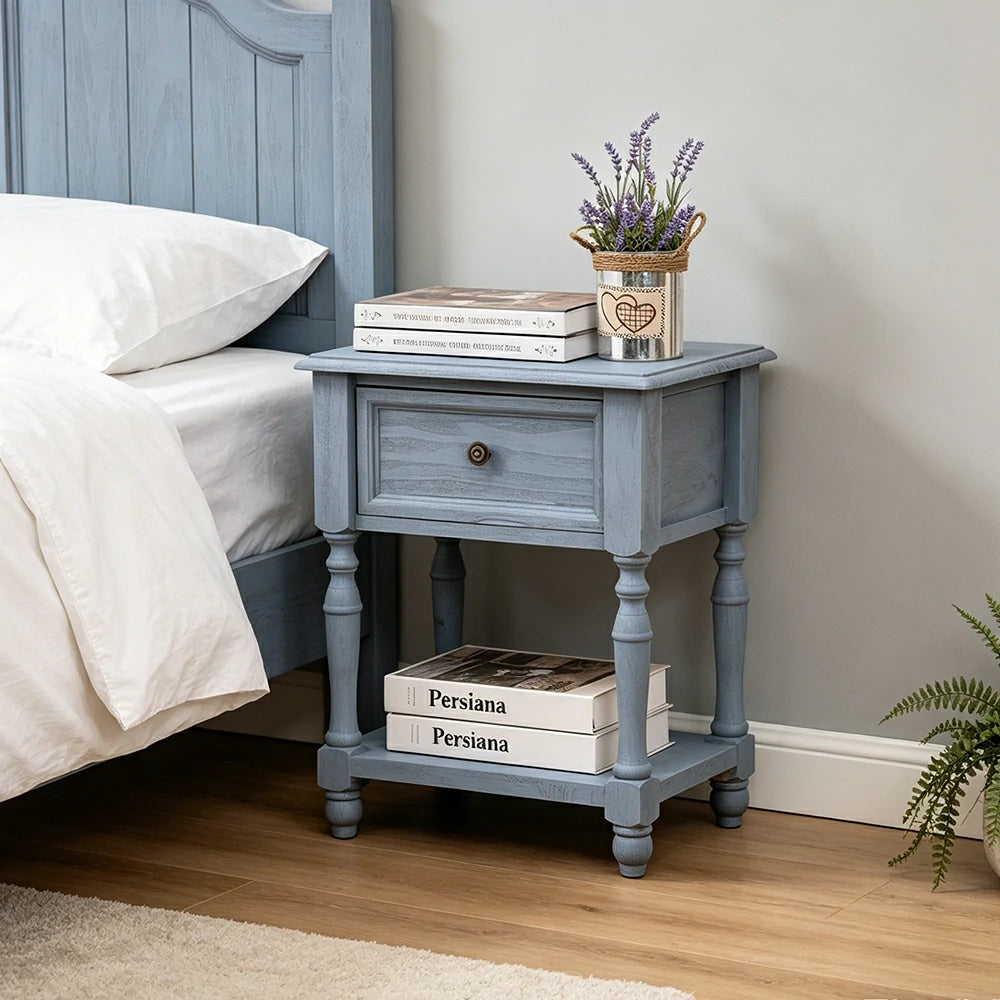 LIVARA Solid Wood Bedside Table Compact Drawer Storage for Bedroom Sofa Side & Small Spaces - Blue