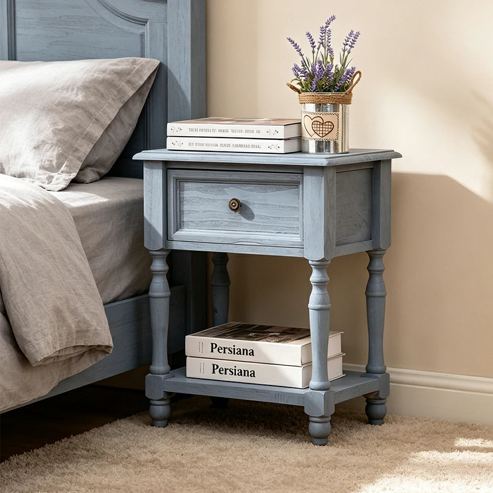 LIVARA Solid Wood Bedside Table Compact Drawer Storage for Bedroom Sofa Side & Small Spaces - Blue