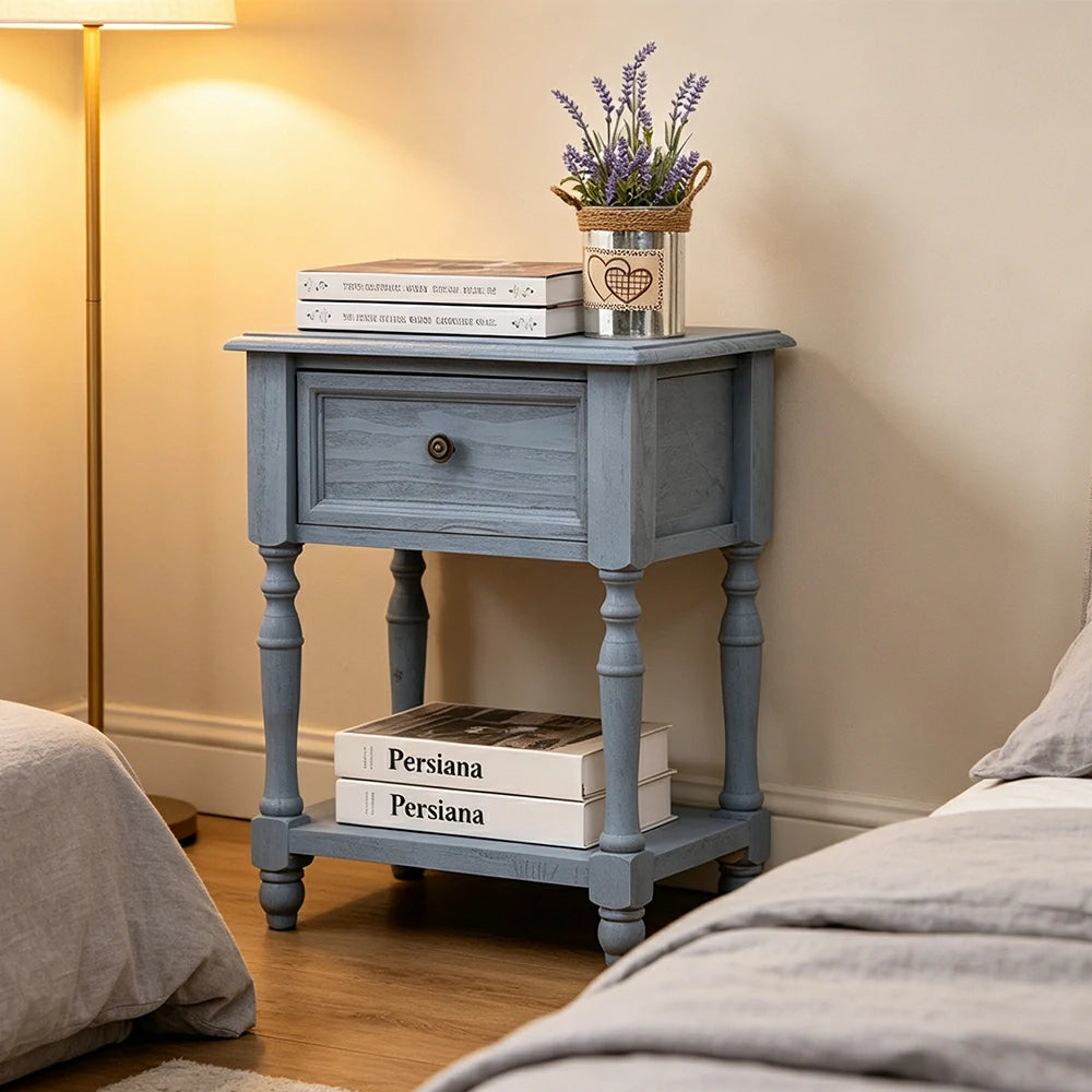 LIVARA Solid Wood Bedside Table Compact Drawer Storage for Bedroom Sofa Side & Small Spaces - Blue