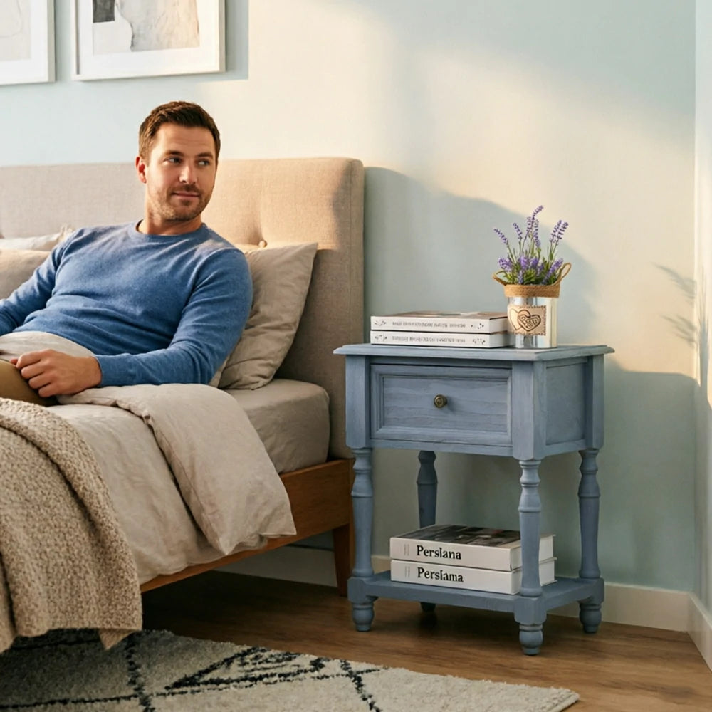 LIVARA Solid Wood Bedside Table Compact Drawer Storage for Bedroom Sofa Side & Small Spaces - Blue