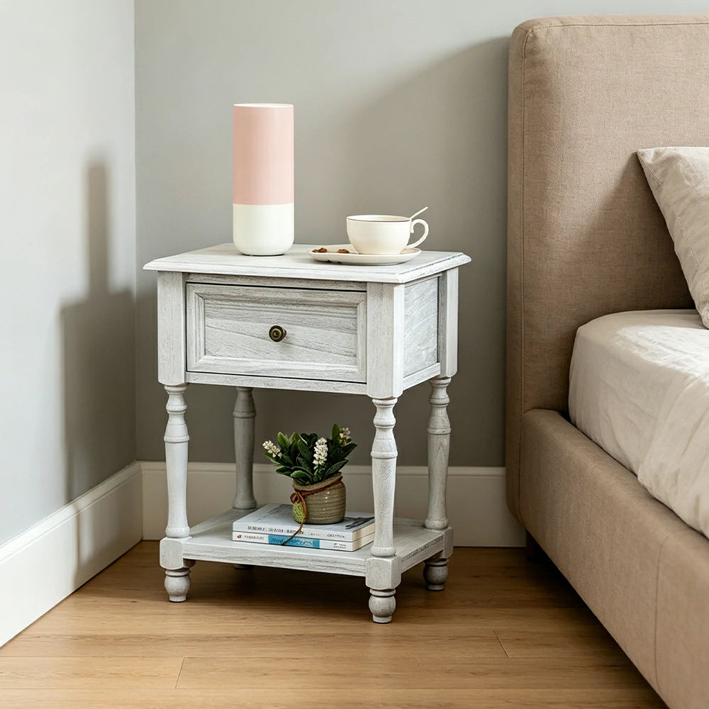 LIVARA Solid Wood Bedside Table Compact Drawer Storage for Bedroom Sofa Side & Small Spaces - White