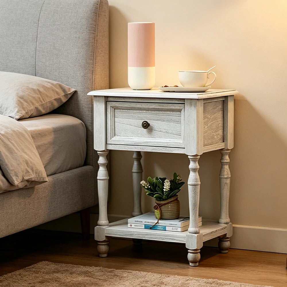 LIVARA Solid Wood Bedside Table Compact Drawer Storage for Bedroom Sofa Side & Small Spaces - White