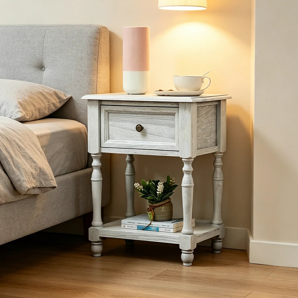 LIVARA Solid Wood Bedside Table Compact Drawer Storage for Bedroom Sofa Side & Small Spaces - White