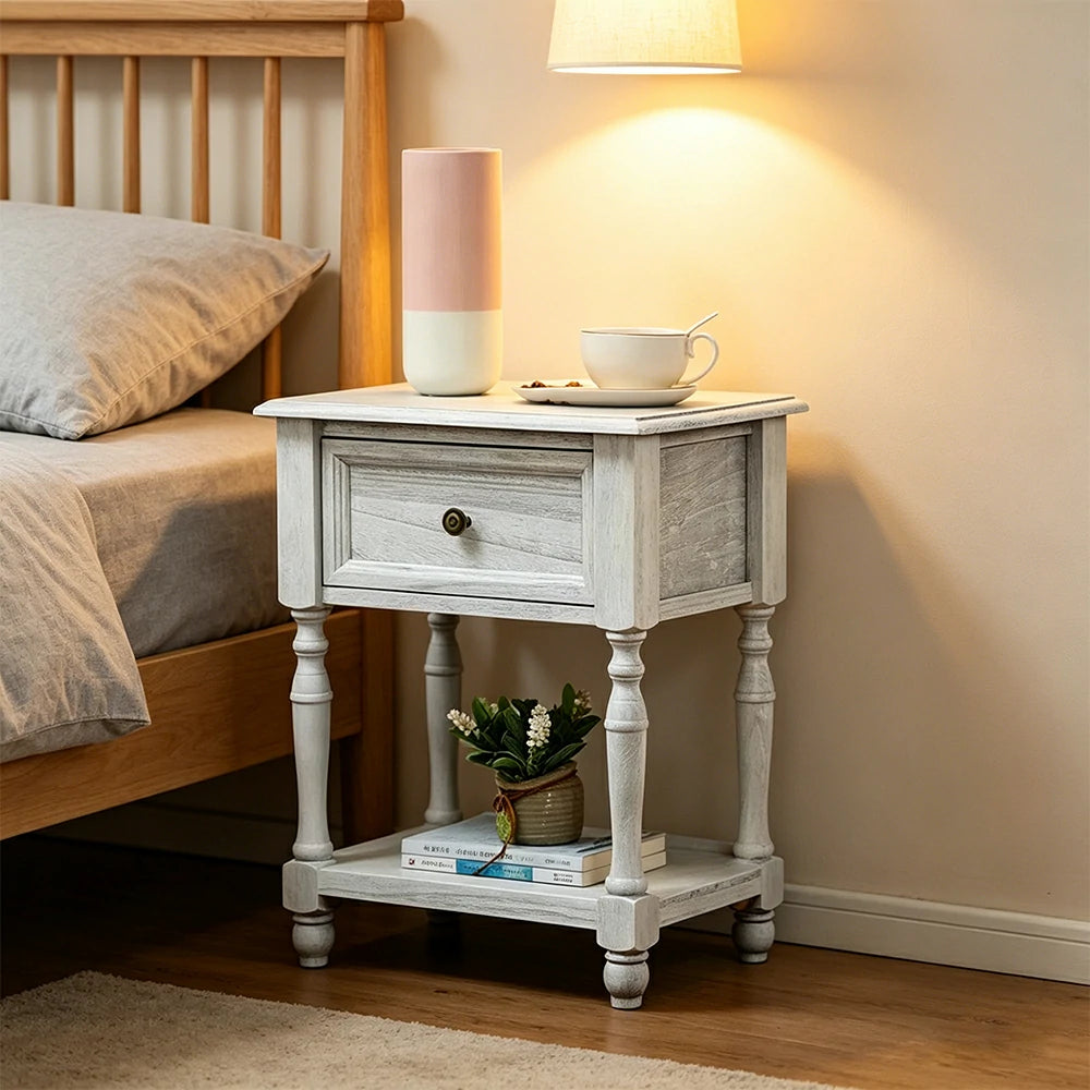 LIVARA Solid Wood Bedside Table Compact Drawer Storage for Bedroom Sofa Side & Small Spaces - White