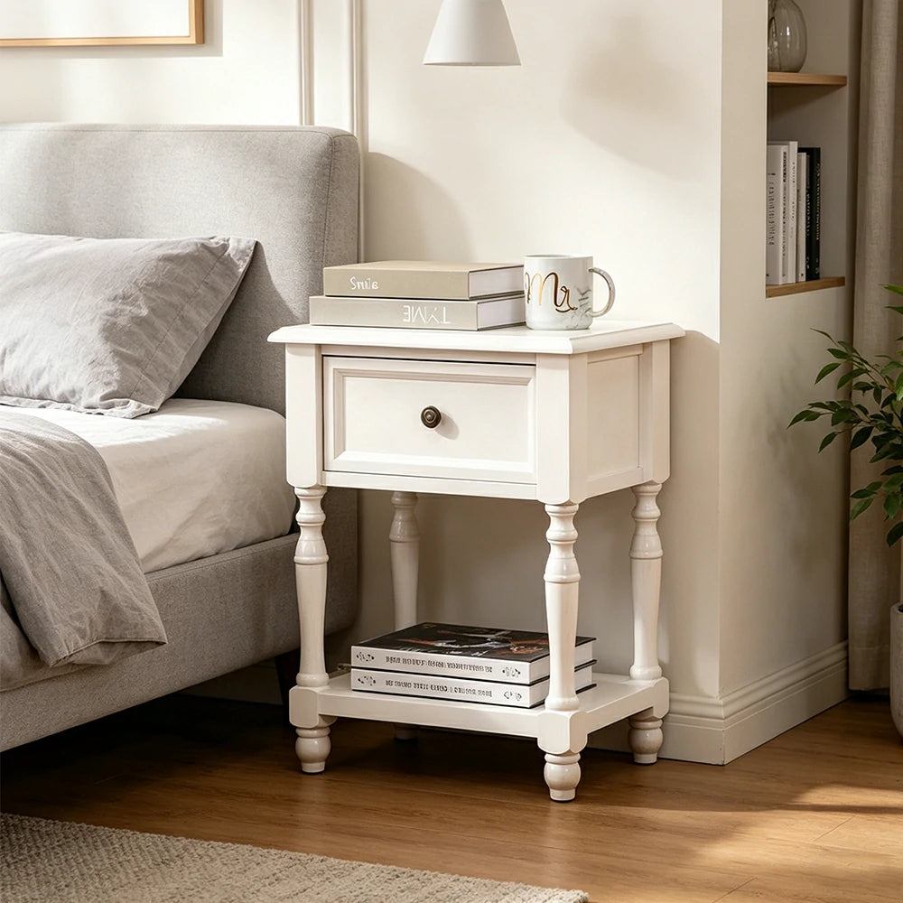 LIVARA Vintage Nightstand Natural Paulownia Wood Side Table with Drawer for Bedroom & Living Room - White