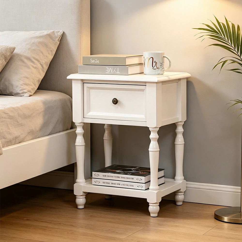 LIVARA Vintage Nightstand Natural Paulownia Wood Side Table with Drawer for Bedroom & Living Room - White