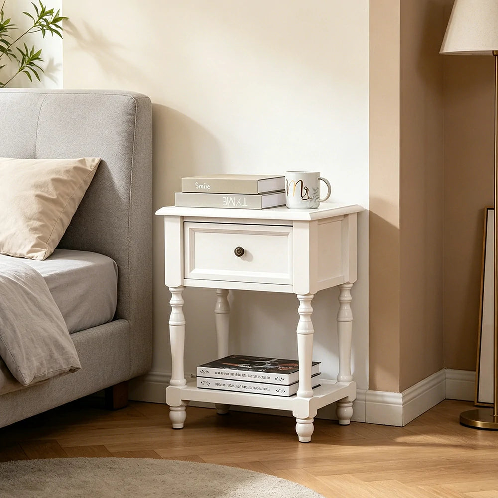 LIVARA Vintage Nightstand Natural Paulownia Wood Side Table with Drawer for Bedroom & Living Room - White