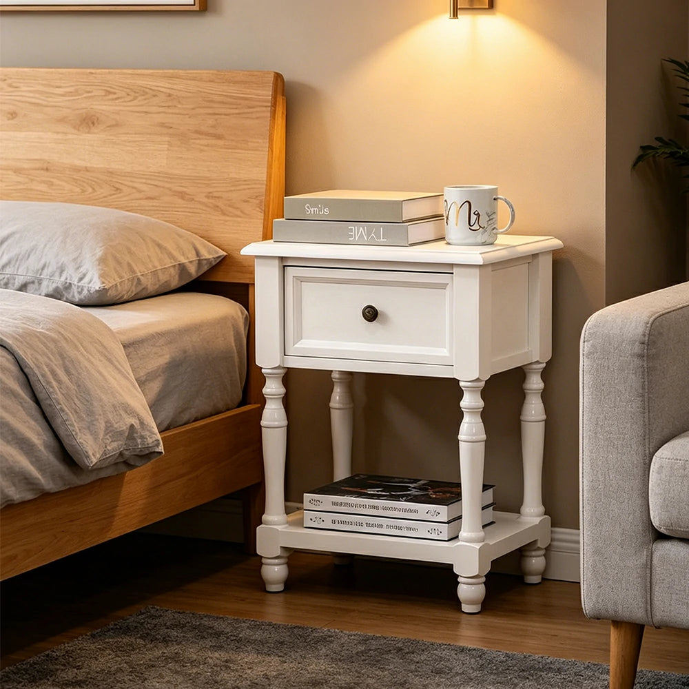 LIVARA Vintage Nightstand Natural Paulownia Wood Side Table with Drawer for Bedroom & Living Room - White