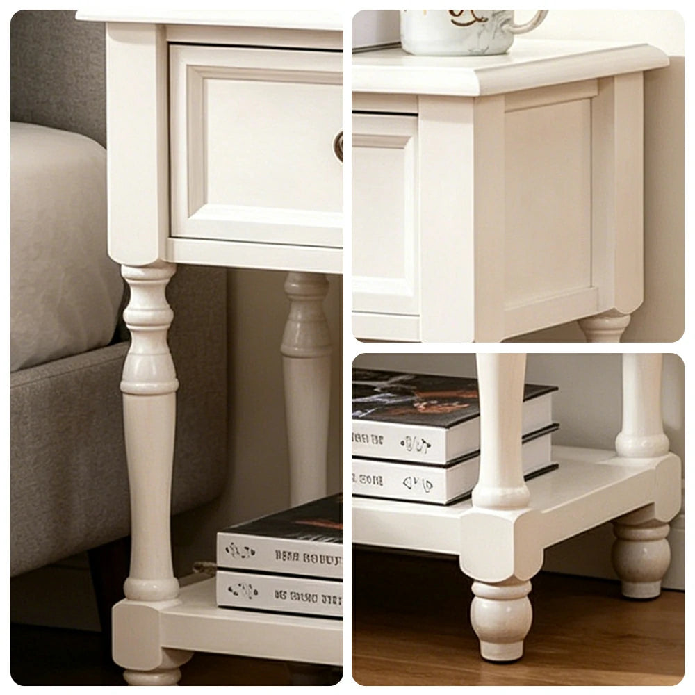 LIVARA Vintage Nightstand Natural Paulownia Wood Side Table with Drawer for Bedroom & Living Room - White