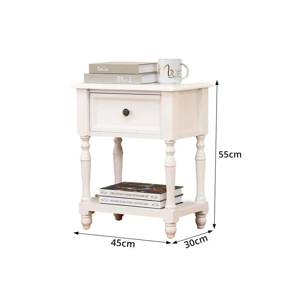 LIVARA Vintage Nightstand Natural Paulownia Wood Side Table with Drawer for Bedroom & Living Room - White