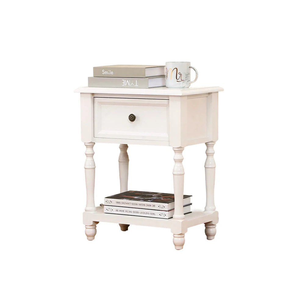 LIVARA Vintage Nightstand Natural Paulownia Wood Side Table with Drawer for Bedroom & Living Room - White
