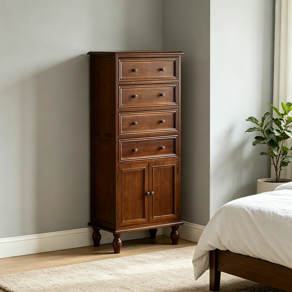 LIVARA Solid Wood Vintage Tall Cabinet Multi-Drawer Storage for Bedroom Living Room Hallway - Brown