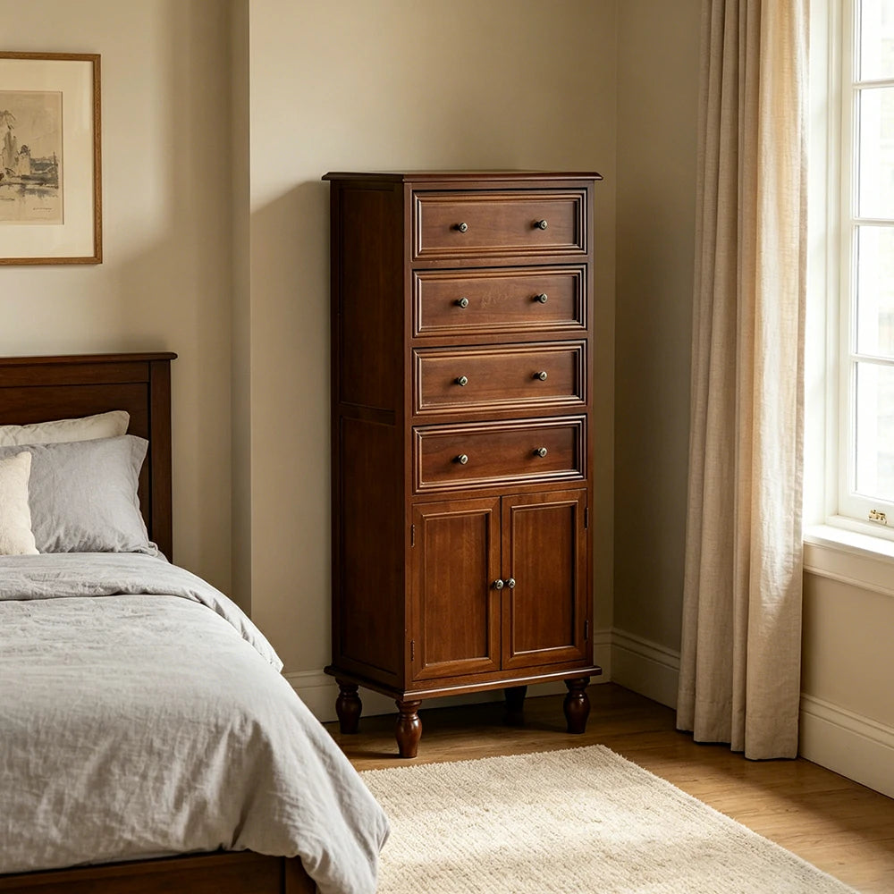 LIVARA Solid Wood Vintage Tall Cabinet Multi-Drawer Storage for Bedroom Living Room Hallway - Brown