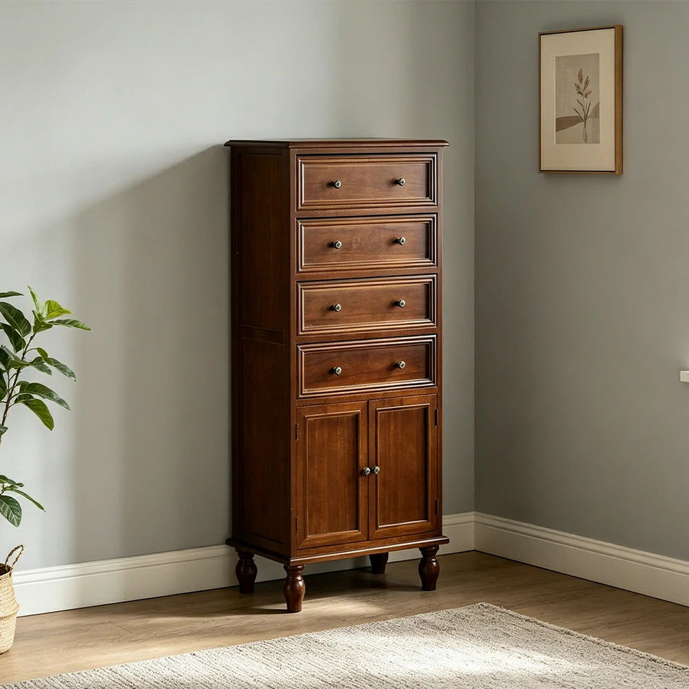 LIVARA Solid Wood Vintage Tall Cabinet Multi-Drawer Storage for Bedroom Living Room Hallway - Brown