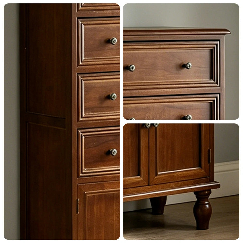 LIVARA Solid Wood Vintage Tall Cabinet Multi-Drawer Storage for Bedroom Living Room Hallway - Brown