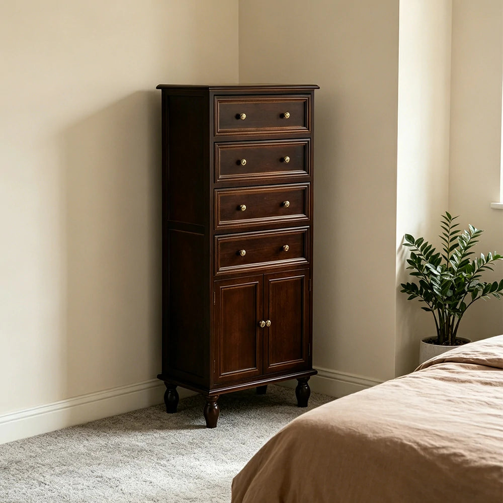 LIVARA Solid Wood Vintage Tall Cabinet Multi-Drawer Storage for Bedroom Living Room Hallway - Walnut