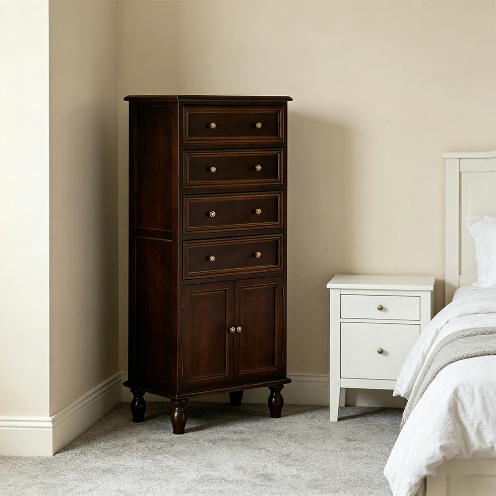 LIVARA Solid Wood Vintage Tall Cabinet Multi-Drawer Storage for Bedroom Living Room Hallway - Walnut