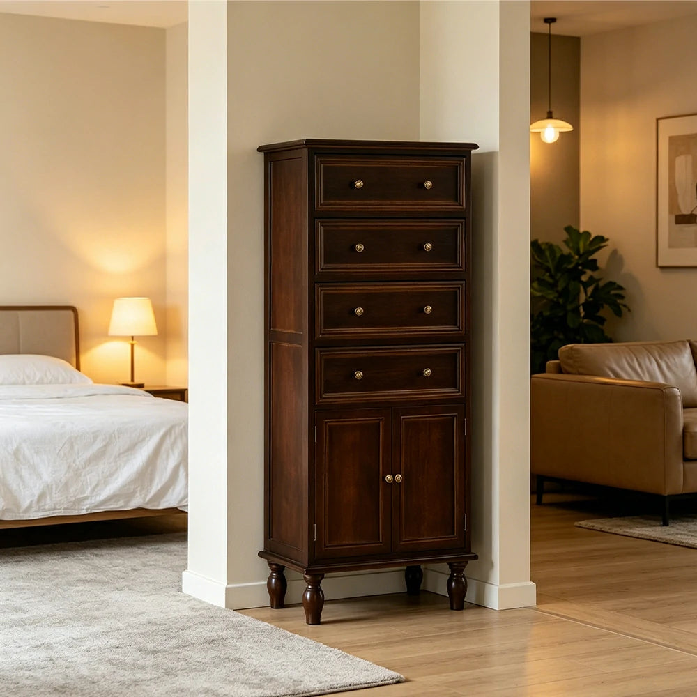LIVARA Solid Wood Vintage Tall Cabinet Multi-Drawer Storage for Bedroom Living Room Hallway - Walnut