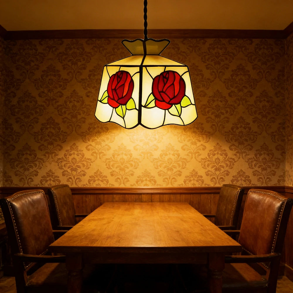 LIVARA Four-Sided Rose Pattern Pendant Light Minimalist Hanging Lamp Floral Shade E27 Ceiling Light for Bedroom Bedside Dining Area